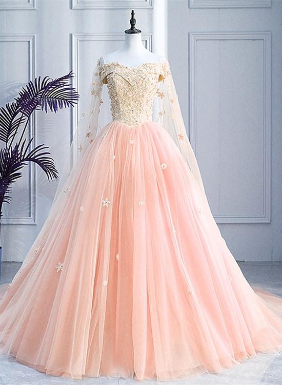 Pink Off Shoulder Tulle With Flowers Ball Gown Sweet 16 Dress, Pink Quinceanera prom Dress cg13927 Pink Off Shoulder Tulle With Flowers Ball Gown Sweet 16 Dress, Pink Quinceanera prom Dress cg13927