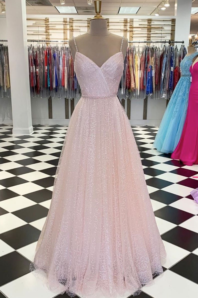 Rosafarbenes langes Ballkleid aus Tüll mit V-Ausschnitt und Pailletten, rosafarbenes Abendkleid aus Tüll, cg13928