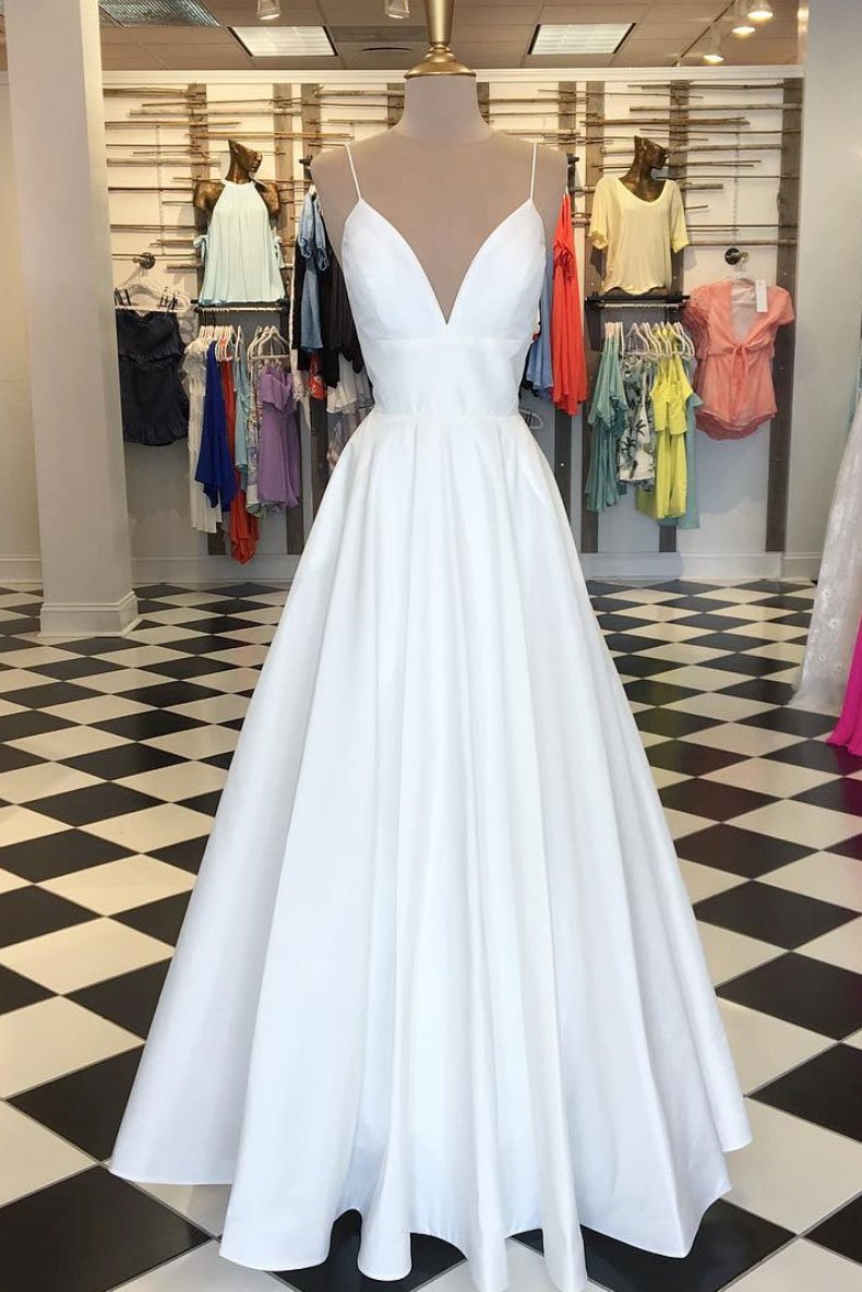 Schlichtes weißes langes Ballkleid aus Satin mit V-Ausschnitt, weißes Abendkleid cg13929