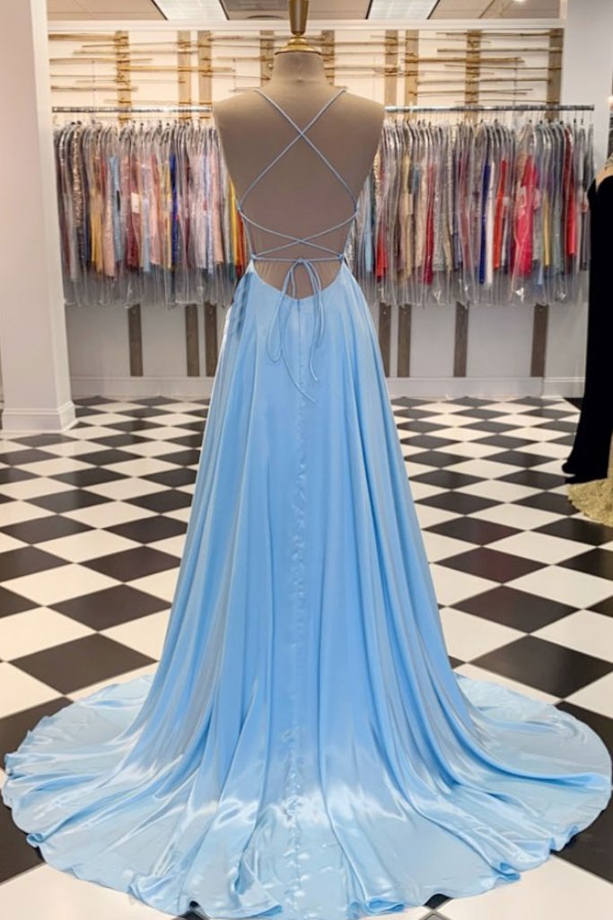 SCHLICHTES LANGES BALLKLEID AUS BLAUEM SATIN, LANGES ABENDKLEID AUS BLAUEM SATIN, cg13930