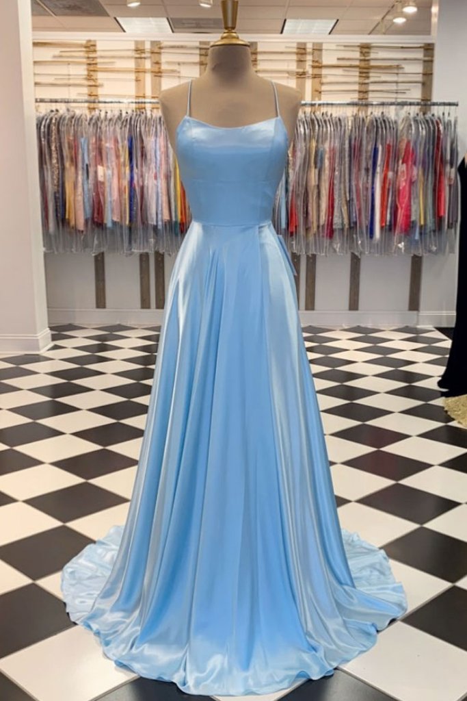 SCHLICHTES LANGES BALLKLEID AUS BLAUEM SATIN, LANGES ABENDKLEID AUS BLAUEM SATIN, cg13930