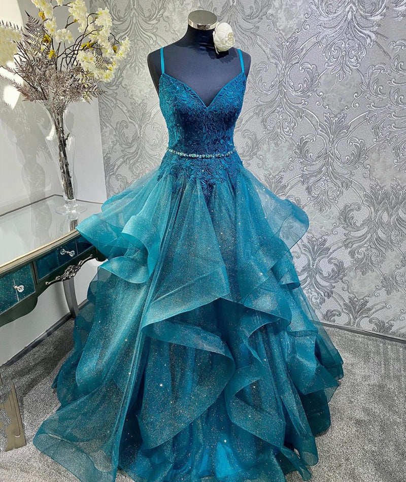 BLUE TULLE LACE LONG PROM GOWN FORMAL DRESS cg13934