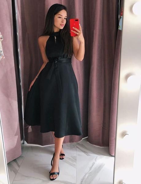 Simple A Line High Neck Tea Length Black Homecoming Dress cg13968