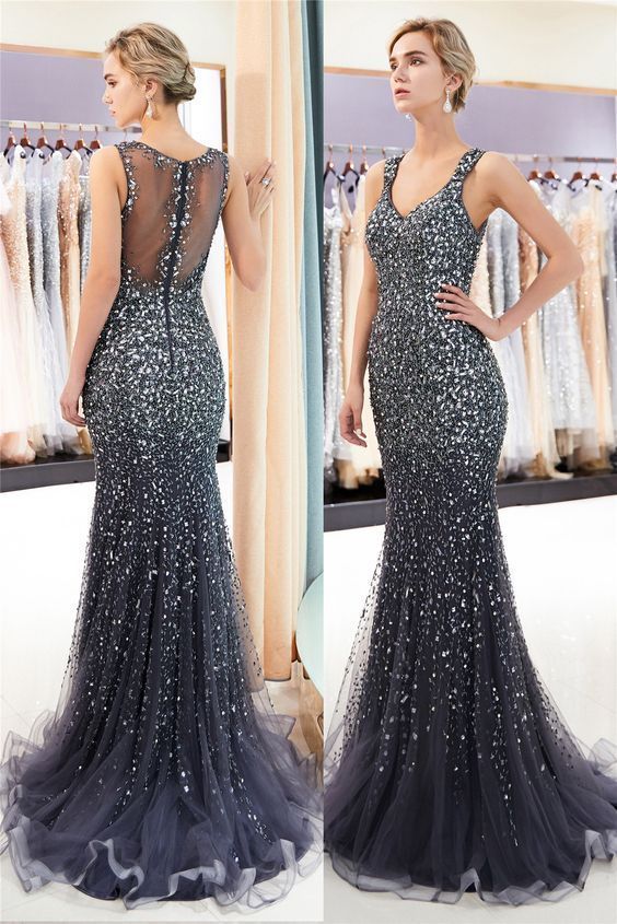 Mermaid Beading Sheer Back Gold Evening Dress With Rhinestones Prom Dress cg13971