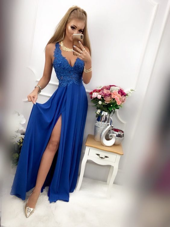 Blue V Neck Long Prom Dress With Split cg13985
