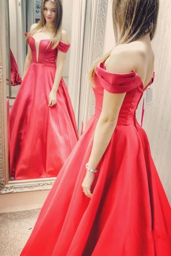 Princess Off Shoulder Beaded A-Line Red Long Prom Dress cg13991