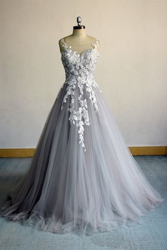 Unique Gray Tulle A Line Long Senior Prom Dress, Evening Dress With Applique cg13998