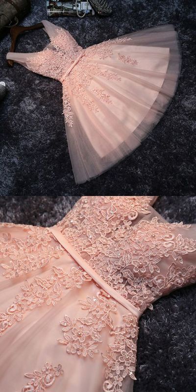 Prinzessin Spitze Applizierte Tüll Homecoming Kleid, Blush Pink Kurze Brautjungfernkleider, Kurzes Homecoming Kleid cg14