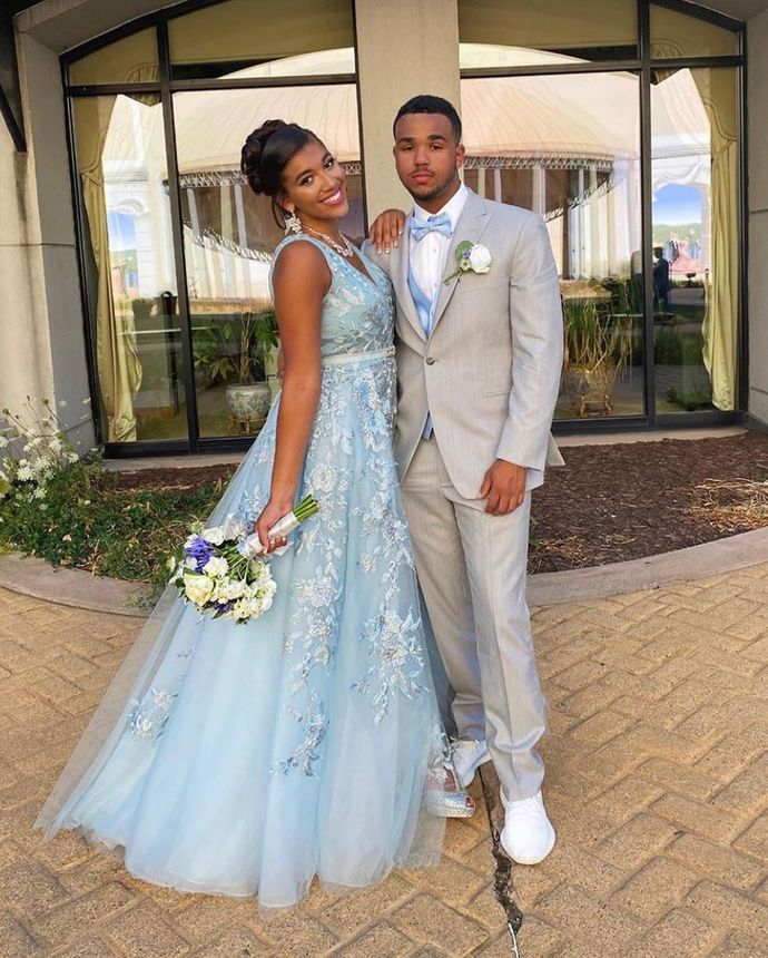 Light Blue Prom Dress,A-Line Prom Gown,V-Neck Evening Dress,Appliques Prom Gown cg14018