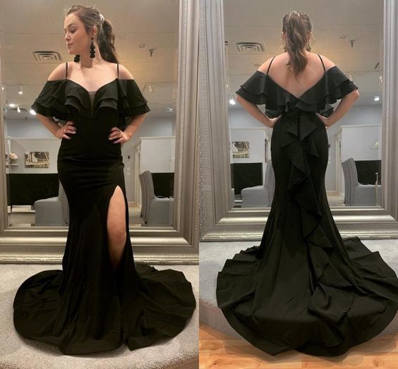 Schwarze Meerjungfrau-Abschlussballkleider Spaghetti Backless Side Split Sweep Train Rüschen Lange formelle Frauen-Abend-Party-Kleider cg14025