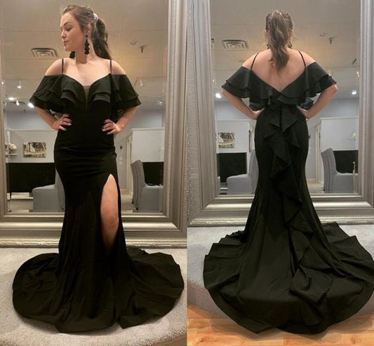 Schwarze Meerjungfrau-Abschlussballkleider Spaghetti Backless Side Split Sweep Train Rüschen Lange formelle Frauen-Abend-Party-Kleider cg14025