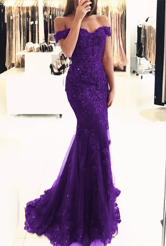 Purple lace mermaid evening dress off the shouler prom gowns with pear classygown Purple lace mermaid evening dress off the shouler prom gowns with pear classygown
