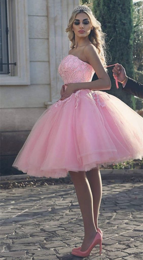 Lace Beaded Sweetheart Pink Tulle Short Homecoming Dresses cg14051