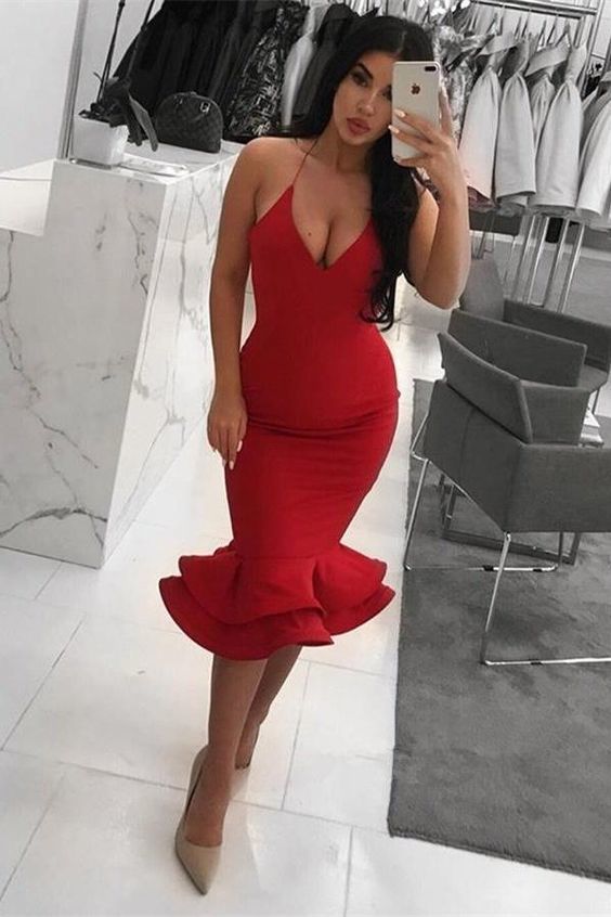 Spaghetti Straps Short Mermaid Red Sheath Simple Beauty Homecoming Dresses cg14059