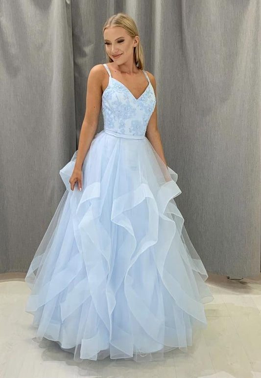 Blaues Ballkleid mit V-Ausschnitt und Tüllspitze, formelles Kleid, cg14071