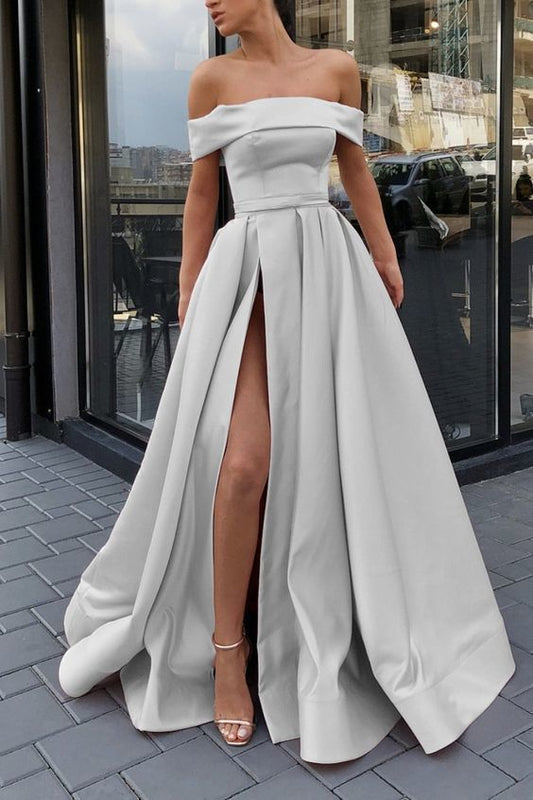 silberne Abendkleider, lange Ballkleider, sexy schulterfreies Kleid cg1408