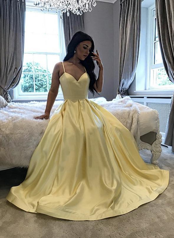 Yellow satin long prom dress yellow evening dress cg14082