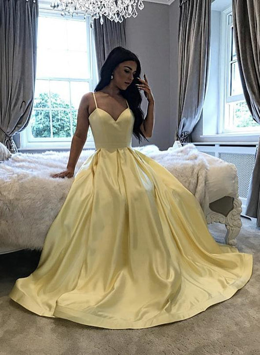 Gelbes langes Ballkleid aus Satin, gelbes Abendkleid, cg14082