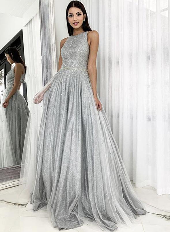 Silver tulle sequins long prom dress evening dress cg14083