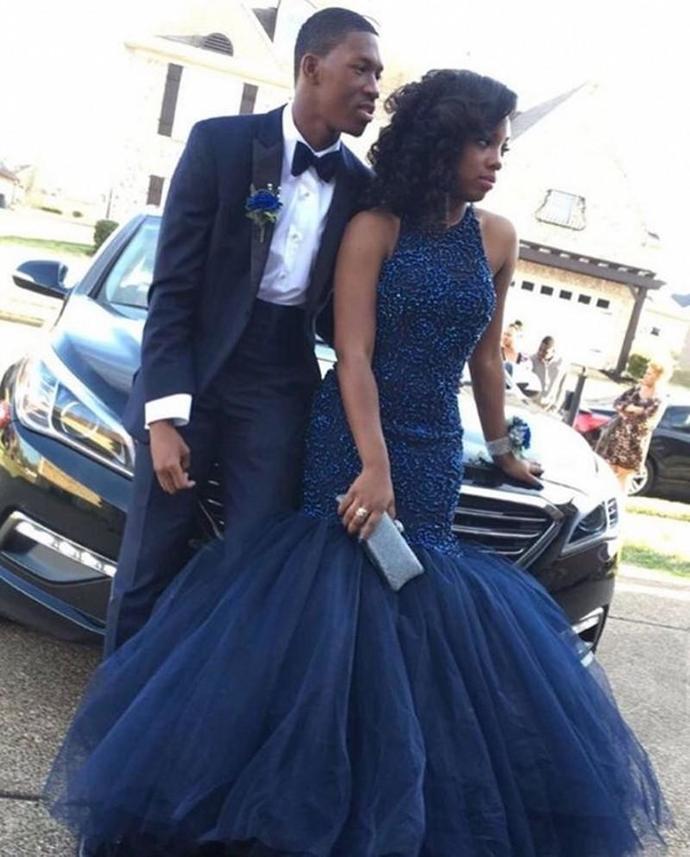 Navy Prom Dress,Mermaid Prom Gown,O-Neck Evening Dress,Beading Prom Gown cg14084