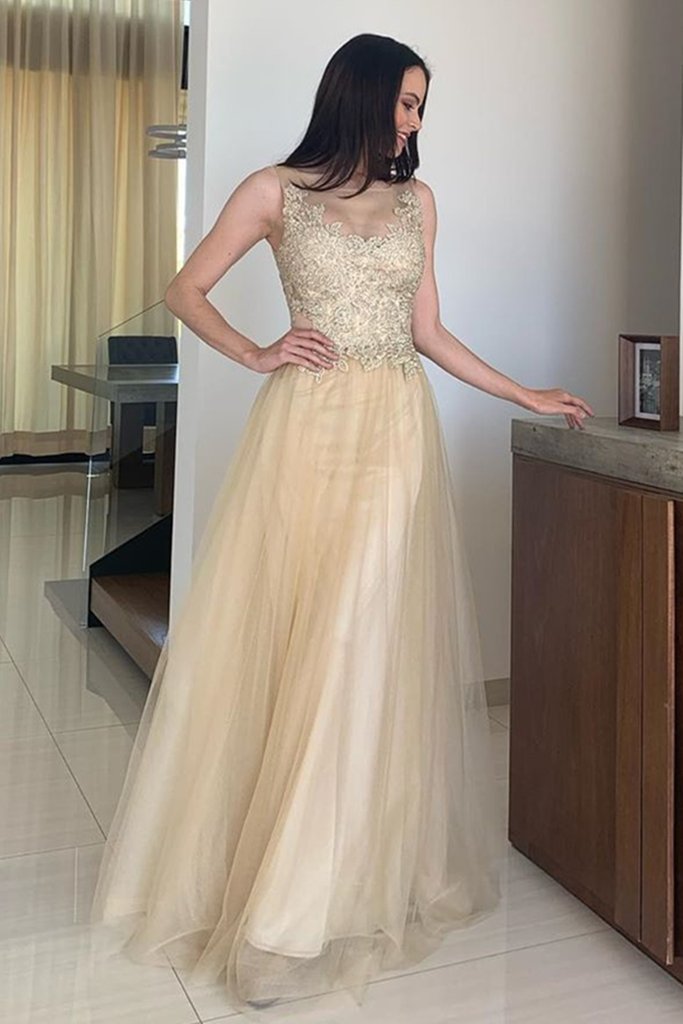 A Line Round Neck Open Back Champagne Lace Long Prom Dress cg14134