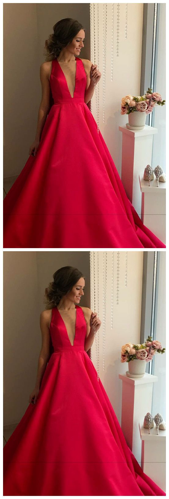 Halter V neck Red Evening Dress, Formal Prom Dresses   cg14181