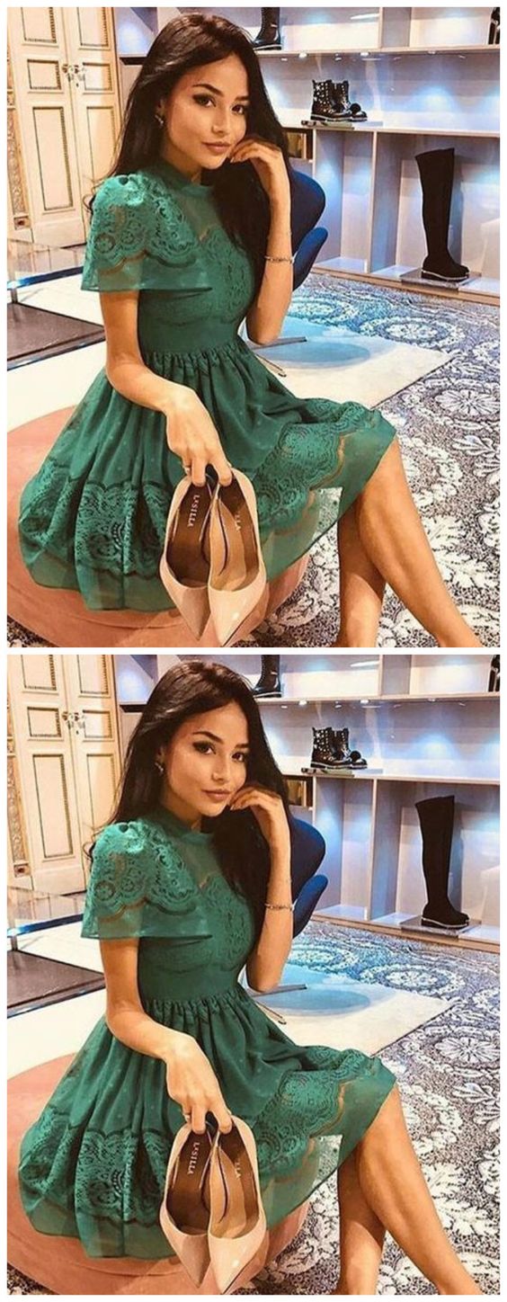 Green Lace A-Line High Neck Short Sleeves , Homecoming Dress cg14195