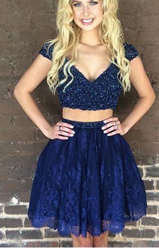 Blue Homecoming Dresses,Two Pieces Homecoming Dresses,Beaded Lace Homecoming Dress cg14212