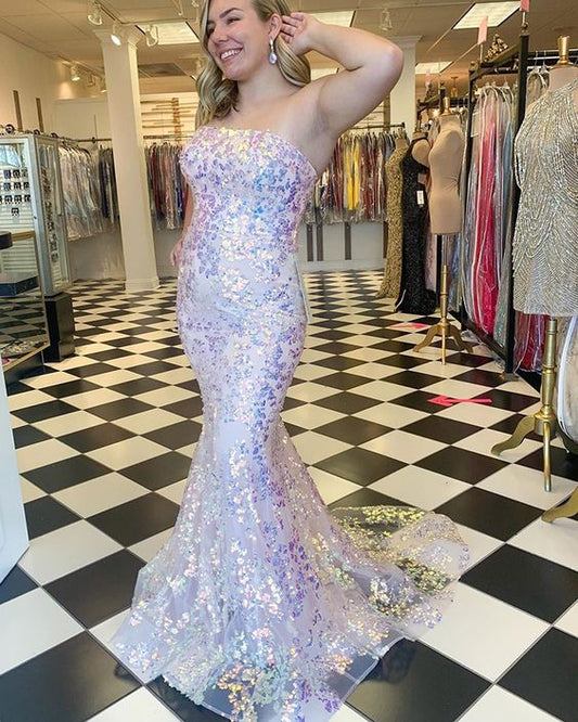 Einzigartiges trägerloses Meerjungfrau-Ballkleid mit Paillettenspitze cg14240