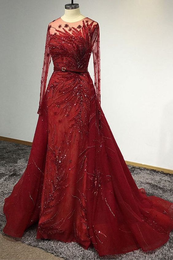 Unique Red Tulle Beaded Long Mermaid Chapel Train Prom Dress, Formal Dress cg14264