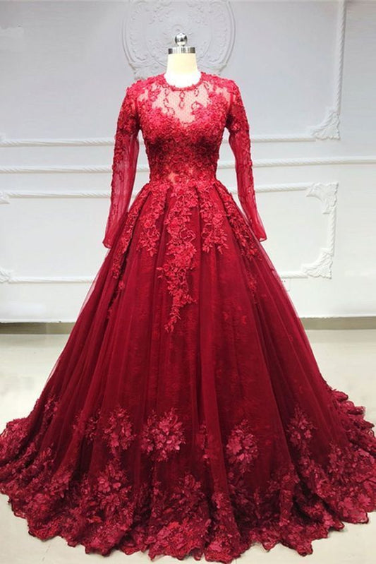 Burgundy Tulle Lace Long Sleeve Princess Ball Gown, Formal Prom Dress   cg14269