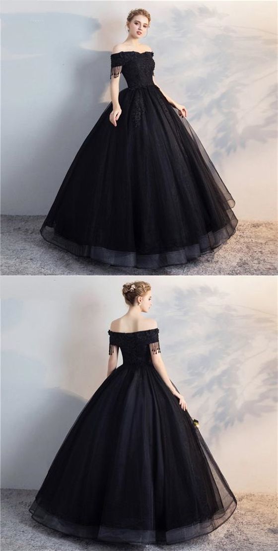 Schwarzes schulterfreies Brautkleid mit Spitzenapplikation, A-Linie Brautkleid cg1430