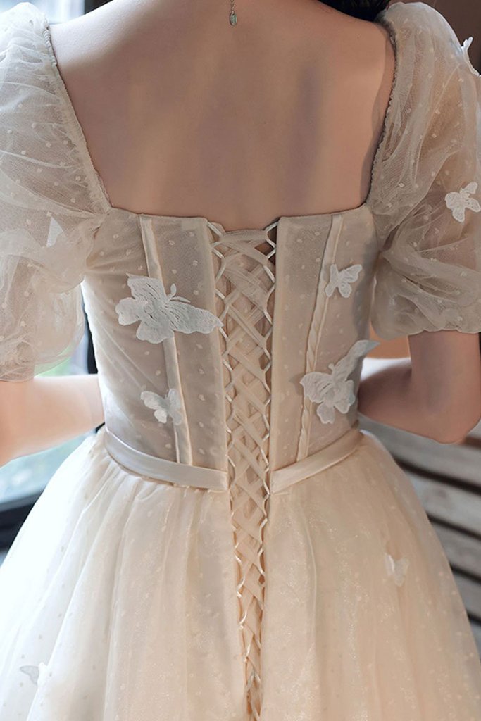 CHAMPAGNE TULLE APPLIQUE LONG PROM DRESS TULLE FORMAL DRES cg14301