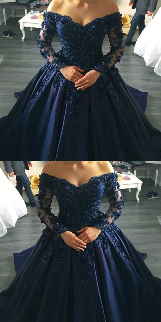 Marineblaue Spitzenapplikationen mit langen Ärmeln Ballkleider Brautkleider schulterfrei cg1431