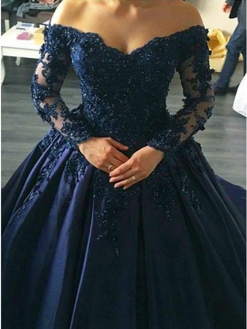 Navy Blue Lace Appliques Long Sleeves Ball Gowns Wedding Dresses Off S classygown