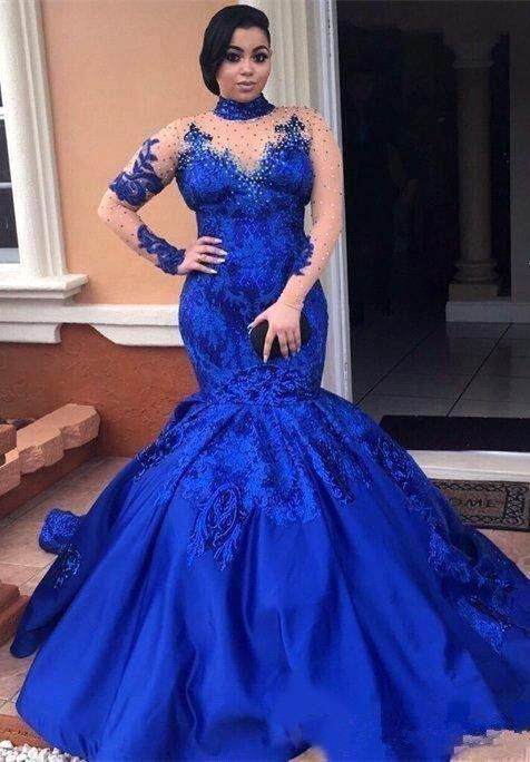 Royal-Blue Long-SleeveProm Dress | Mermaid Lace Evening Gowns cg14311
