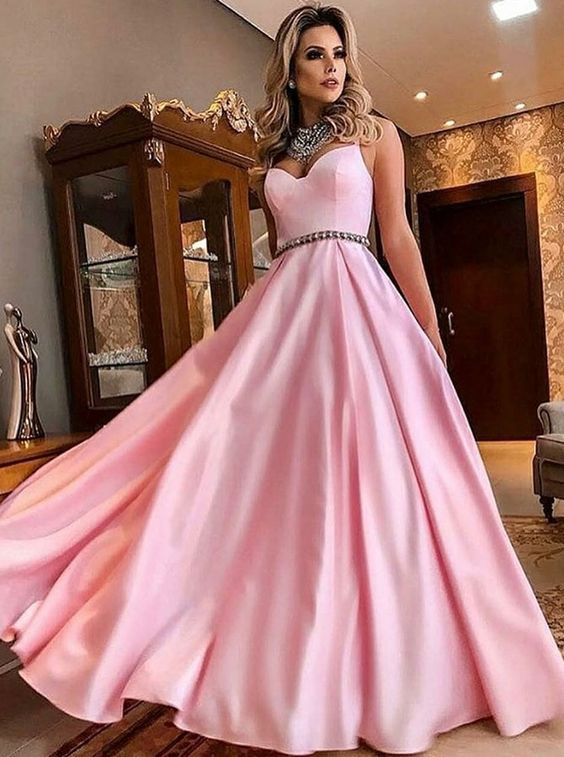 Sweetheart Spaghetti Straps Pink Satin Long Prom Dresses with Beading, Elegant Formal Evening Dresses cg14325