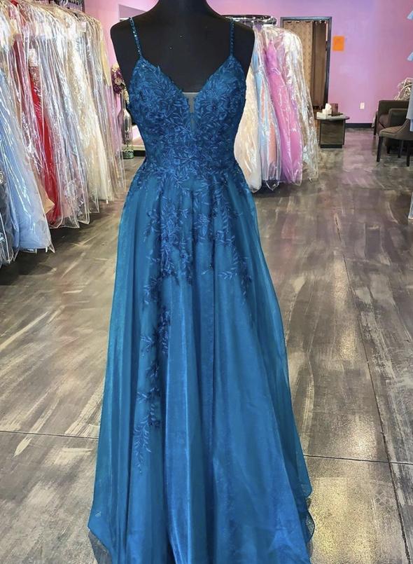 Blue tulle lace long prom dress blue evening dress cg14333