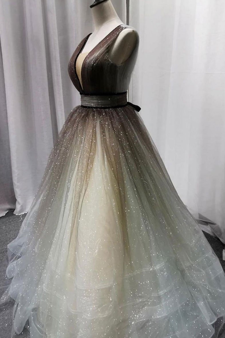 Simple Coffee tulle sequin long prom dress coffee evening dress cg14335