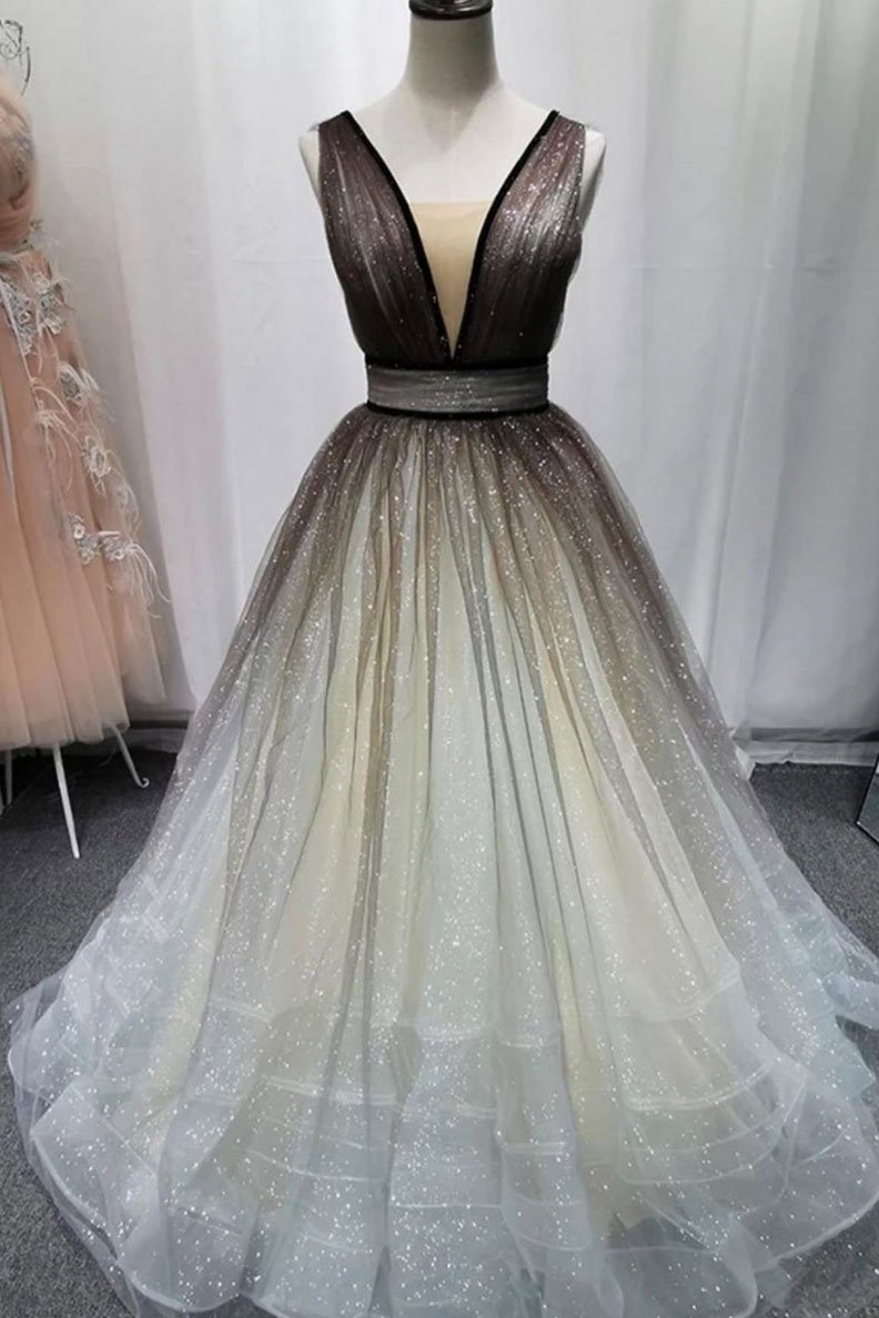 Simple Coffee tulle sequin long prom dress coffee evening dress cg14335
