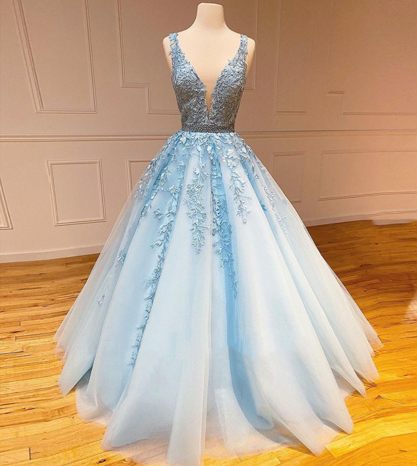 BLUE TULLE LACE LONG BALL GOWN DRESS V NECK EVENING PROM DRESS cg14337