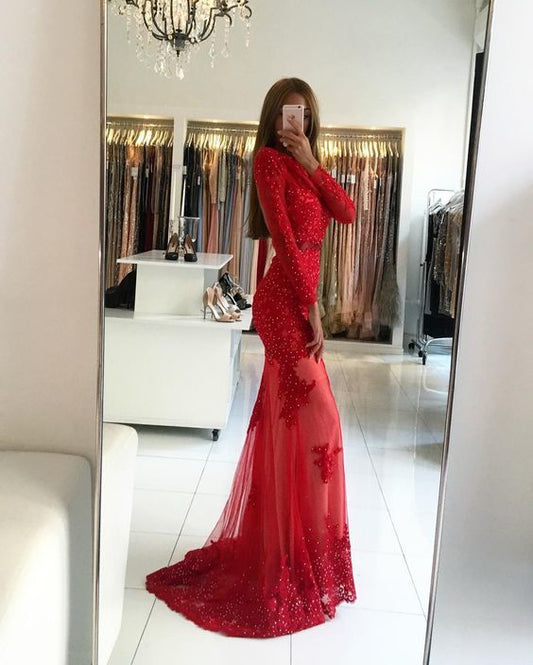Charmantes Ballkleid, Langarm-Spitzen-Meerjungfrauen-Ballkleid cg14339