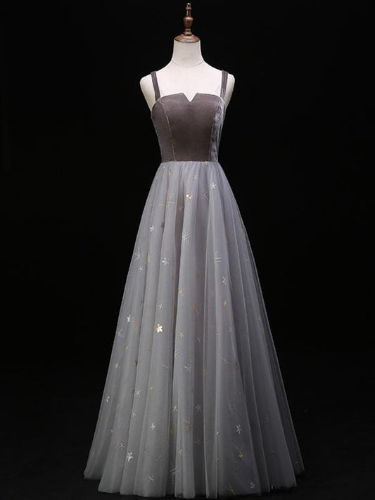 Glitzerndes A-Linien-Ballkleid aus Tüll, sexy Spaghettiträger, bodenlanges Ball-/Abendkleid cg1434