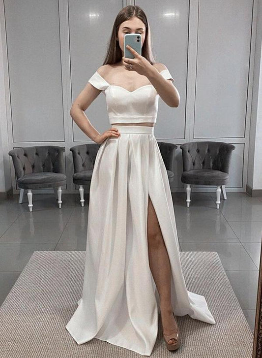 Weißes langes Ballkleid aus Satin, zweiteiliges Abendkleid, cg14343