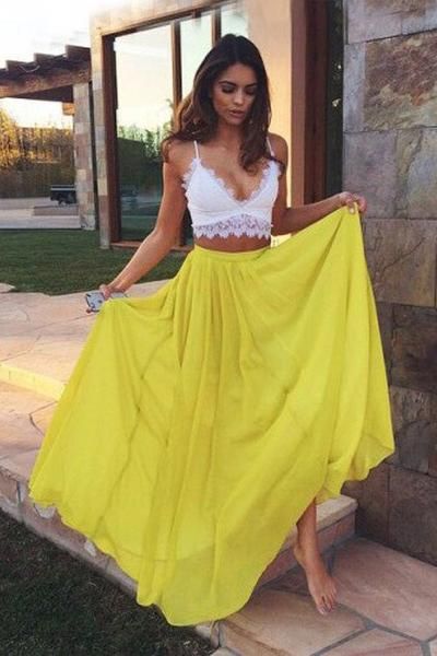2 Stück Gelb Chiffon Sweetheart Spitze Ballkleider Lange Abendkleider cg14357