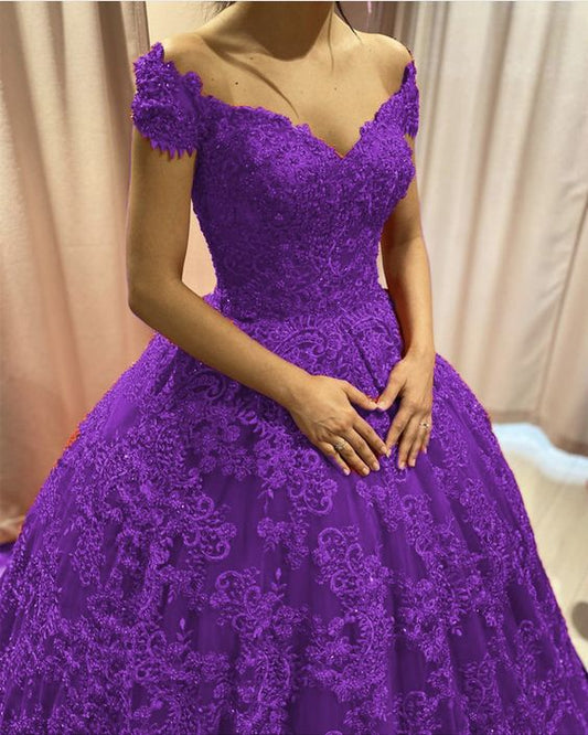 Purple Lace Ball Gown Quinceanera prom Dresses Elegant V Neck Off The Shoulder   cg14372