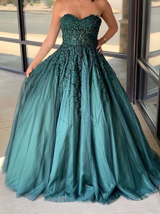 Dark Green Sweetheart Appliques Prom Dress Beaded Ball Gowns Long Evening Dress   cg14379