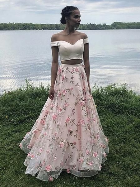 Off the Shoulder Two Pieces Pink 3D Floral Prom Dresses   cg14394
