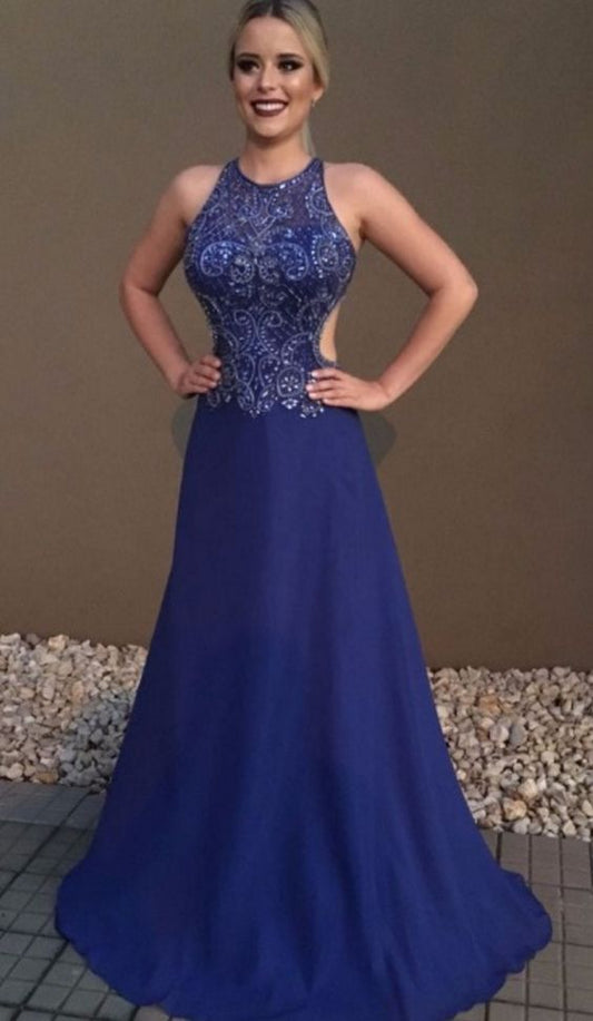 Halter Neck Royal Blue Mermaid Evening Dress With Beading Formal Evening Gowns Party prom Dress   cg14412