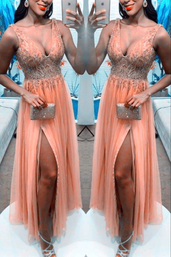 Charming Peach Prom Dresses Tulle Split Evening Gown V neck Sequins Be